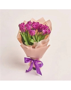 Букет из 15 фиолетовых пионовидных тюльпанов в бежевой пленке Azalianow цветы. подарки. декор