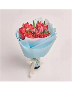 Букет из 15 малиновых пионовидных тюльпанов в голубой пленке Azalianow цветы. подарки. декор