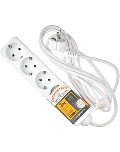 Удлинитель бытовой 4 розетки с заземлением 3x0.75 мм 3 м 2200 Вт цвет белый Защита про