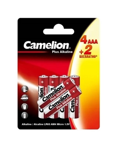 Батарейка Plus Alkaline 4+2LR6-BP алкалиновая LR03 AAA 6 шт. Camelion