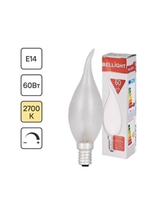 Лампа накаливания E14 230 В 60 Вт свеча на ветру матовая 3 м2 свет тёплый белый Bellight