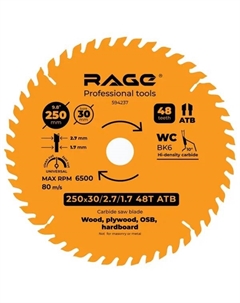 Диск пильный по дереву 48Т 250x30x2.7 мм, кольца 25.4/20/16 Rage