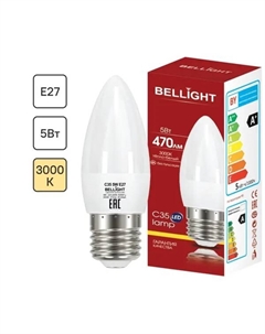Лампа светодиодная E27 220-240 В 5 Вт свеча 470 лм теплый белый цвет света Bellight