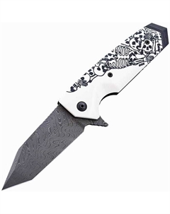 Складной нож EX-02 Tanto Flipper, Custom Skulls & Bones, дамасская сталь Chad Nichols Damascus, рукоять ABS-Пластик, бело-черный Hogue