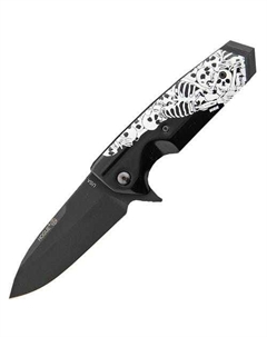 Складной нож EX-02 Spear Point Flipper, Custom Skulls & Bones, сталь 154CM Ceracote™ Firearm Coating, рукоять ABS-Пластик, черно-белый Hogue
