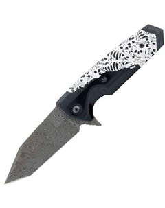 Складной нож EX-02 Tanto Flipper, Custom Skulls & Bones, дамасская сталь Chad Nichols Damascus, рукоять ABS-Пластик, черно-белый Hogue