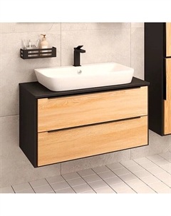 Тумба под раковину Мальта 85, подвесная, дуб, черная Runo