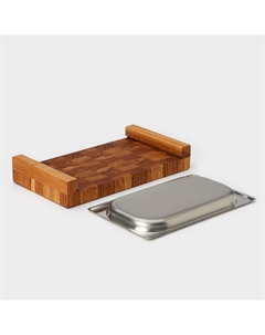 Доска разделочная деревянная торцевая, с металлической гастроемкостью, 30.5×16.5×5 см, в крафтовой коробке, дуб Magistro