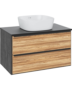 Тумба с раковиной Мальта 85 подвесная, дуб, черная, раковина Bella 40 Runo