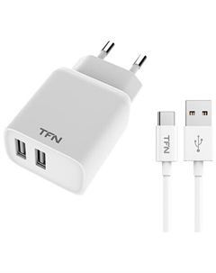 Сетевое зарядное устройство TFN Rapid+ 12Вт, 2xUSB, 2.4A, белый (TFN-WCRPD12W2U04), кабель USB Type C Tfn
