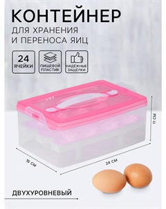 Контейнер для хранения яиц, 24 ячейки, двухуровневый, пластик, 24×16×11 см, розовый Nobrand