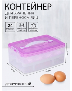 Контейнер для хранения яиц, 24 ячейки, двухуровневый, пластик, 24×16×11 см, фиолетовый Nobrand