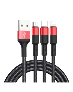 Кабель USB-Lightning 8-pin+Micro USB+USB Type-C, 2A, 1м, черный/красный HOCO X26 (80282) Hoco