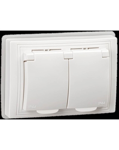 Блок розеток IEK KVARTA РСбш12-3-КБ-44, скрытый монтаж, 2-х постовая, с з/к, со шторками, с крышкой, 16А, в сборе, IP44, белый, 1 шт. (KV-R26-16-44-K01) Iek