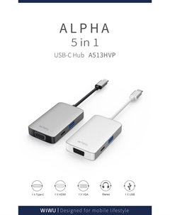 Адаптер Alpha USB-C 5 в 1 на USB 3.0/PD/Stereo/HDMI/VGA (A513HVP) (Silver) Wiwu