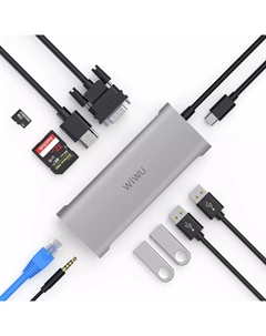 Адаптер Alpha 11 в 1 USB-C HUB на USB 3.0*3/USB 2.0/Type-C/SD/HDMI/Micro SD/RJ45/3.5 Stereo/VGA (A11) (Gray) Wiwu
