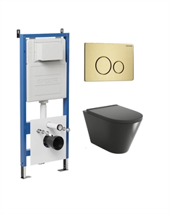 Комплект Унитаз подвесной с инсталляцией Style 97.4477BMSQ.05.32M безободковый, черный матовый + Кнопка смыва золото сатиновое Grossman