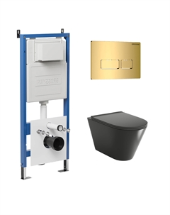 Комплект Унитаз подвесной с инсталляцией Pragma 97.4477BMSQ.03.300 безободковый, черный матовый + Кнопка смыва золото глянцевое Grossman