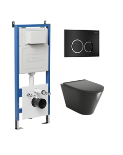 Комплект Унитаз подвесной с инсталляцией Galaxy 97.4477BMS.01.210 безободковый, черный матовый + Кнопка смыва черная матовая Grossman