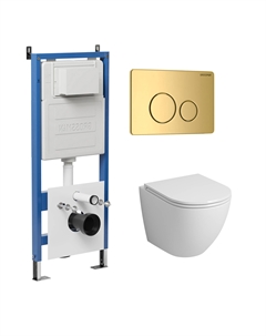 Комплект Унитаз подвесной с инсталляцией Style 97.4455S.05.30M безободковый, белый + Кнопка смыва золото глянцевое Grossman