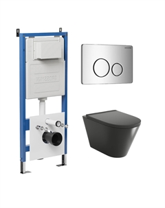 Комплект Унитаз подвесной с инсталляцией Style 97.4477BMS.05.10M безободковый, черный матовый + Кнопка смыва хром глянцевый Grossman