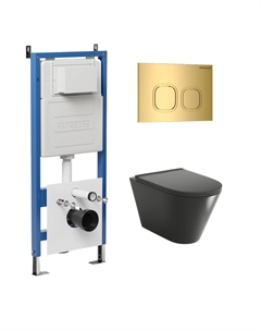 Комплект Унитаз подвесной с инсталляцией Cosmo 97.4477BMS.02.300 безободковый, черный матовый + Кнопка смыва золото глянцевое Grossman