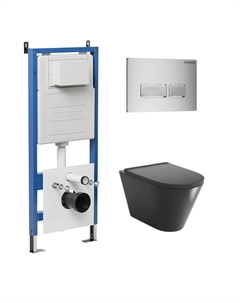 Комплект Унитаз подвесной с инсталляцией Pragma 97.4477BMS.03.110 безободковый, черный матовый + Кнопка смыва хром матовый Grossman