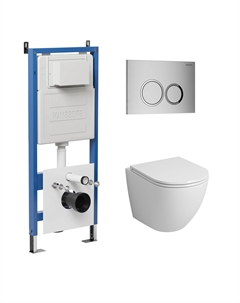 Комплект Унитаз подвесной с инсталляцией Galaxy 97.4455S.01.110 безободковый, белый + Кнопка смыва хром матовый Grossman