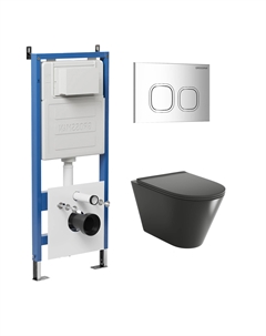 Комплект Унитаз подвесной с инсталляцией Cosmo 97.4477BMSQ.02.100 безободковый, черный матовый + Кнопка смыва хром глянцевый Grossman