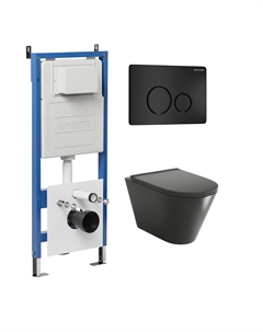 Комплект Унитаз подвесной с инсталляцией Style 97.4477BMSQ.05.21M безободковый, черный матовый + Кнопка смыва черная матовая Grossman