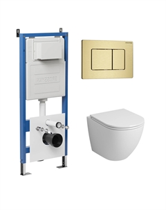Комплект Унитаз подвесной с инсталляцией Classic 97.4455S.04.32M безободковый, белый + Кнопка смыва золото сатиновое Grossman