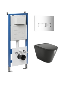 Комплект Унитаз подвесной с инсталляцией Pragma 97.4477BMSQ.03.100 безободковый, черный матовый + Кнопка смыва хром глянцевый Grossman