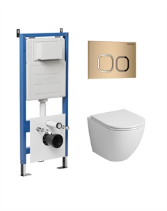 Комплект Унитаз подвесной с инсталляцией Cosmo 97.4455S.02.310 безободковый, белый + Кнопка смыва золото матовое Grossman