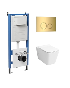 Комплект Унитаз подвесной с инсталляцией Galaxy 97.4414S.01.300 безободковый, белый + Кнопка смыва золото глянцевое Grossman