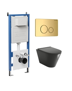Комплект Унитаз подвесной с инсталляцией Style 97.4477BMS.05.30M безободковый, черный матовый + Кнопка смыва золото глянцевое Grossman
