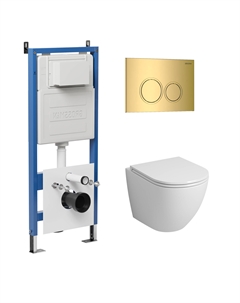 Комплект Унитаз подвесной с инсталляцией Galaxy 97.4455S.01.300 безободковый, белый + Кнопка смыва золото глянцевое Grossman