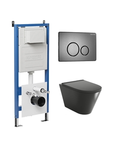 Комплект Унитаз подвесной с инсталляцией Style 97.4477BMSQ.05.42M безободковый, черный матовый + Кнопка смыва графит сатиновый Grossman