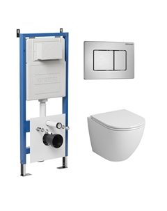 Комплект Унитаз подвесной с инсталляцией Classic 97.4455SQ.04.12M безободковый, белый+ Кнопка смыва хром сатиновый Grossman