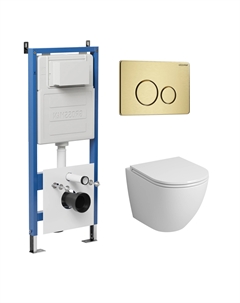 Комплект Унитаз подвесной с инсталляцией Style 97.4455SQ.05.32M безободковый, белый+ Кнопка смыва золото сатиновое Grossman