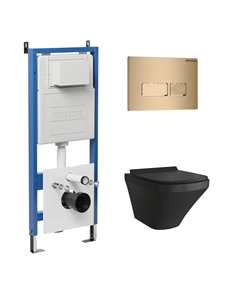 Комплект Унитаз подвесной с инсталляцией Pragma 97.4440BMS.03.310 безободковый, черный матовый+ Кнопка смыва золото матовое Grossman