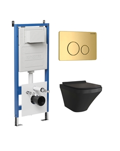 Комплект Унитаз подвесной с инсталляцией Style 97.4440BMS.05.30M безободковый, черный матовый+ Кнопка смыва золото глянцевое Grossman