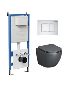 Комплект Унитаз подвесной с инсталляцией Classic 97.4455GMS.04.01M безободковый, серый матовый+ Кнопка смыва белая матовая Grossman
