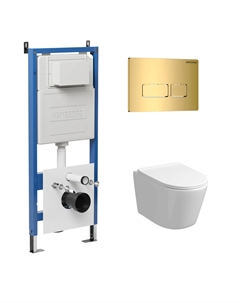 Комплект Унитаз подвесной с инсталляцией Pragma 97.4477SQ.03.300 безободковый, белый+ Кнопка смыва золото глянцевое Grossman