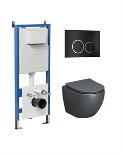 Комплект Унитаз подвесной с инсталляцией Galaxy 97.4455GMS.01.210 безободковый, серый матовый+ Кнопка смыва черная матовая Grossman