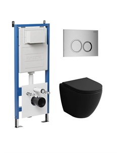 Комплект Унитаз подвесной с инсталляцией Galaxy 97.4455BMSQ.01.110 безободковый, черный матовый+ Кнопка смыва хром матовый Grossman