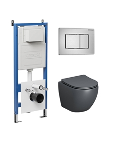 Комплект Унитаз подвесной с инсталляцией Classic 97.4455GMS.04.12M безободковый, серый матовый+ Кнопка смыва хром сатиновый Grossman