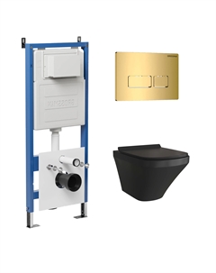 Комплект Унитаз подвесной с инсталляцией Pragma 97.4440BMS.03.300 безободковый, черный матовый+ Кнопка смыва золото глянцевое Grossman