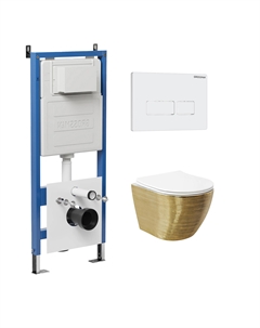 Комплект Унитаз подвесной с инсталляцией Pragma 97.4455GWS.03.000 безободковый, золото+ Кнопка смыва белая Grossman