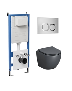 Комплект Унитаз подвесной с инсталляцией Cosmo 97.4455GMS.02.110 безободковый, серый матовый+ Кнопка смыва хром матовый Grossman