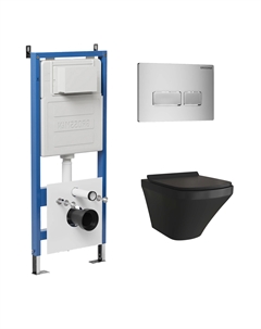 Комплект Унитаз подвесной с инсталляцией Pragma 97.4440BMS.03.110 безободковый, черный матовый+ Кнопка смыва хром матовый Grossman